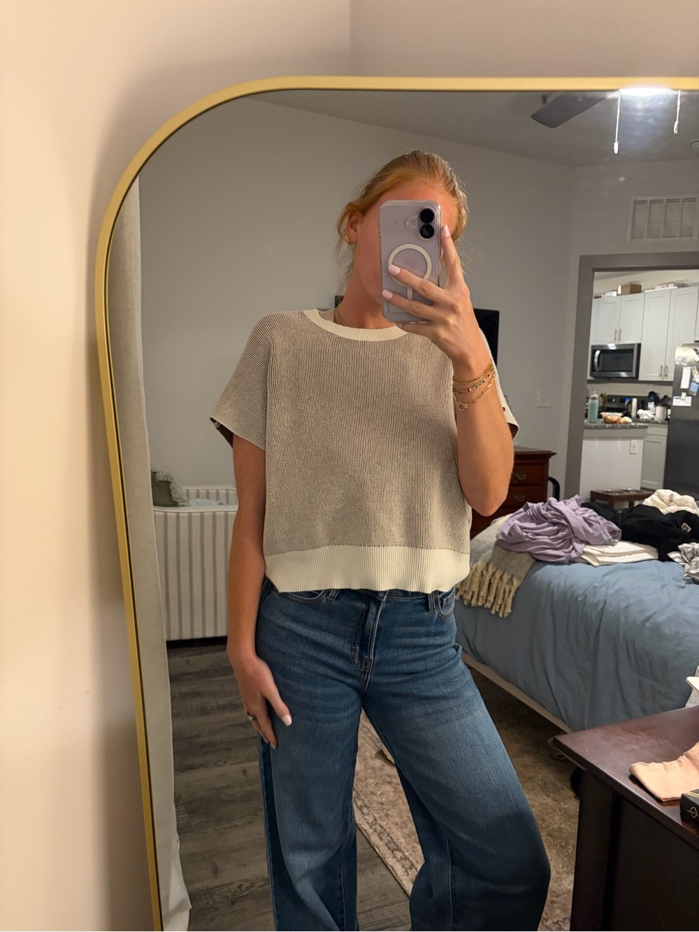 Neutral Cream Short-Sleeve Knit Tee